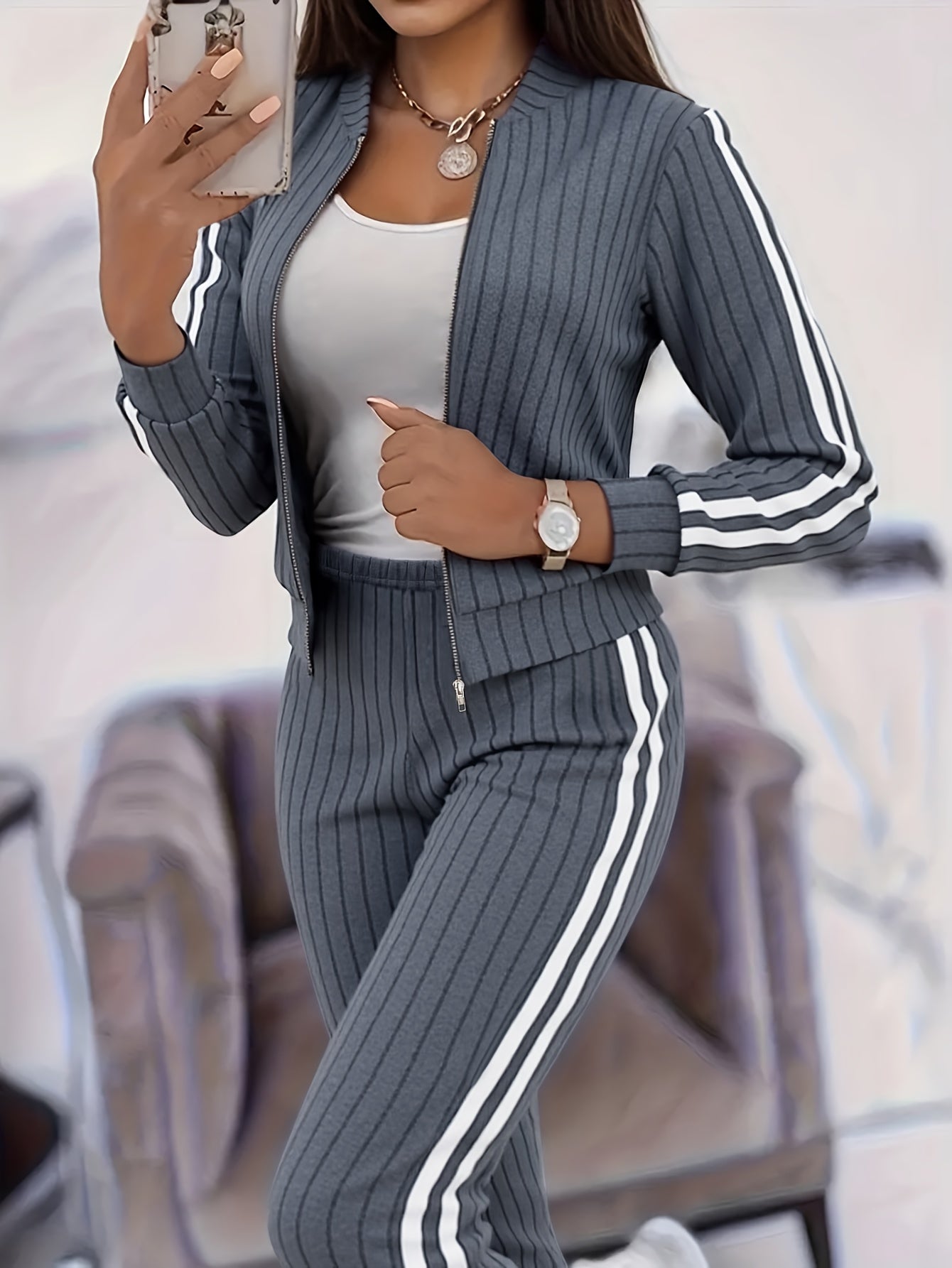 MOVEWEAR Women’s Stylish Casual Two-Piece Zip Cardigan Set