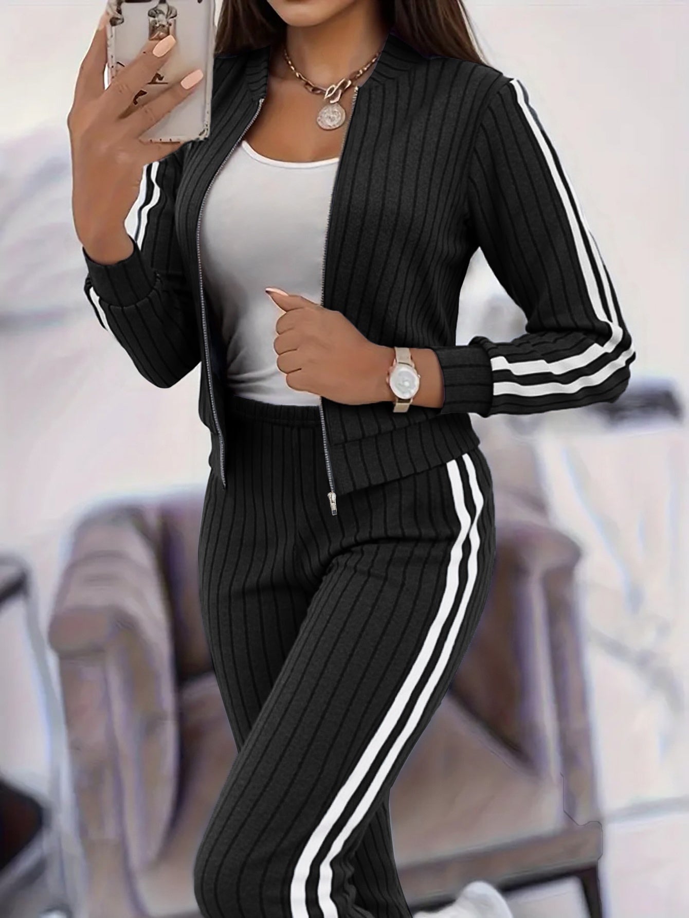 MOVEWEAR Women’s Stylish Casual Two-Piece Zip Cardigan Set