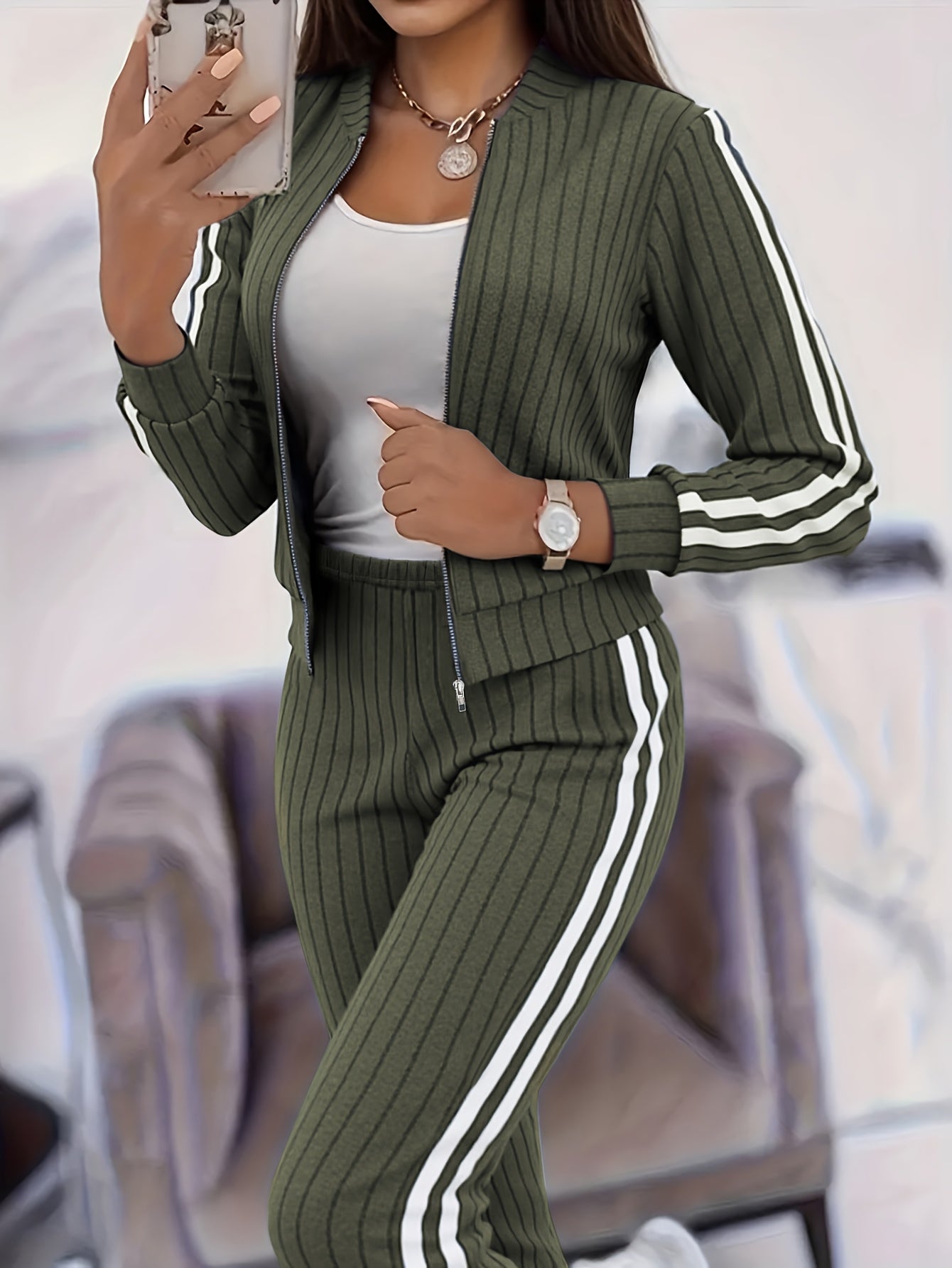 MOVEWEAR Women’s Stylish Casual Two-Piece Zip Cardigan Set