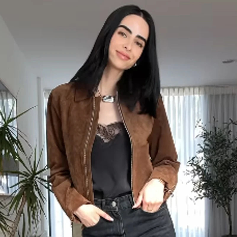 MOVEWEAR Brown Suede Crop Bomber Jacket for Women