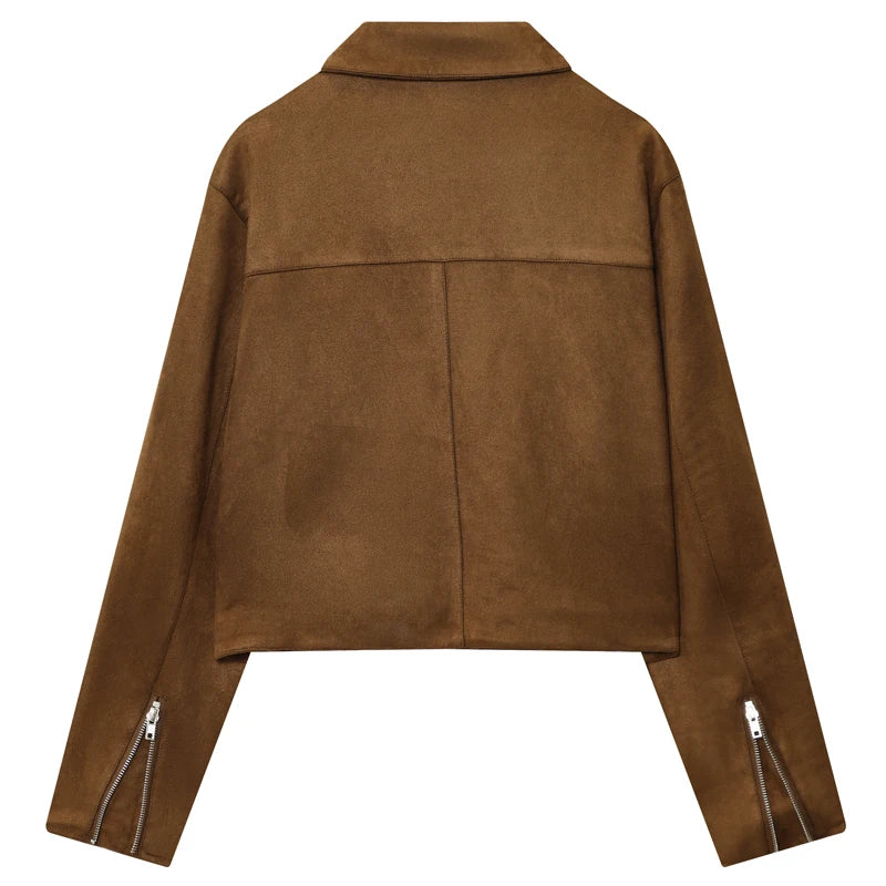 MOVEWEAR Brown Suede Crop Bomber Jacket for Women