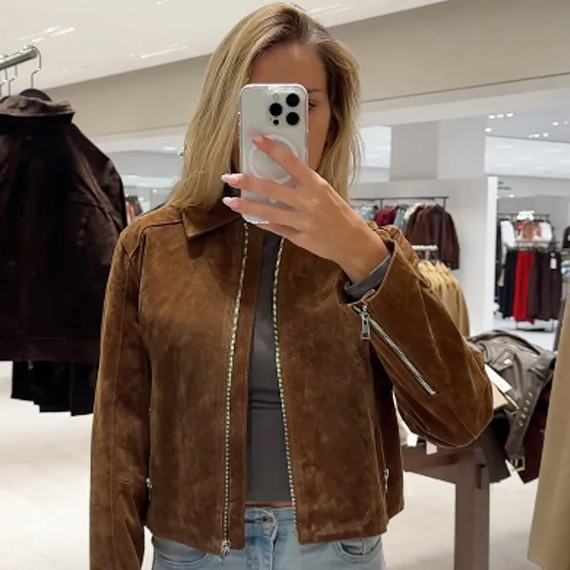 MOVEWEAR Brown Suede Crop Bomber Jacket for Women