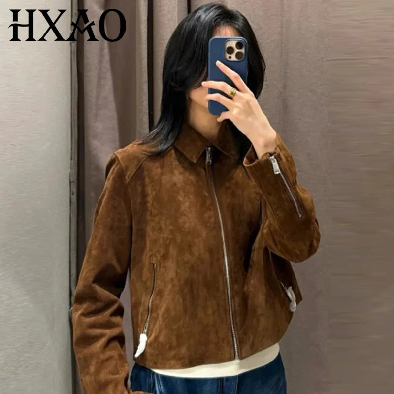 MOVEWEAR Brown Suede Crop Bomber Jacket for Women