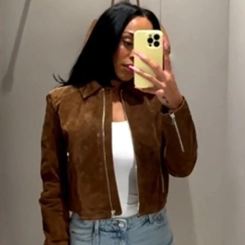 MOVEWEAR Brown Suede Crop Bomber Jacket for Women