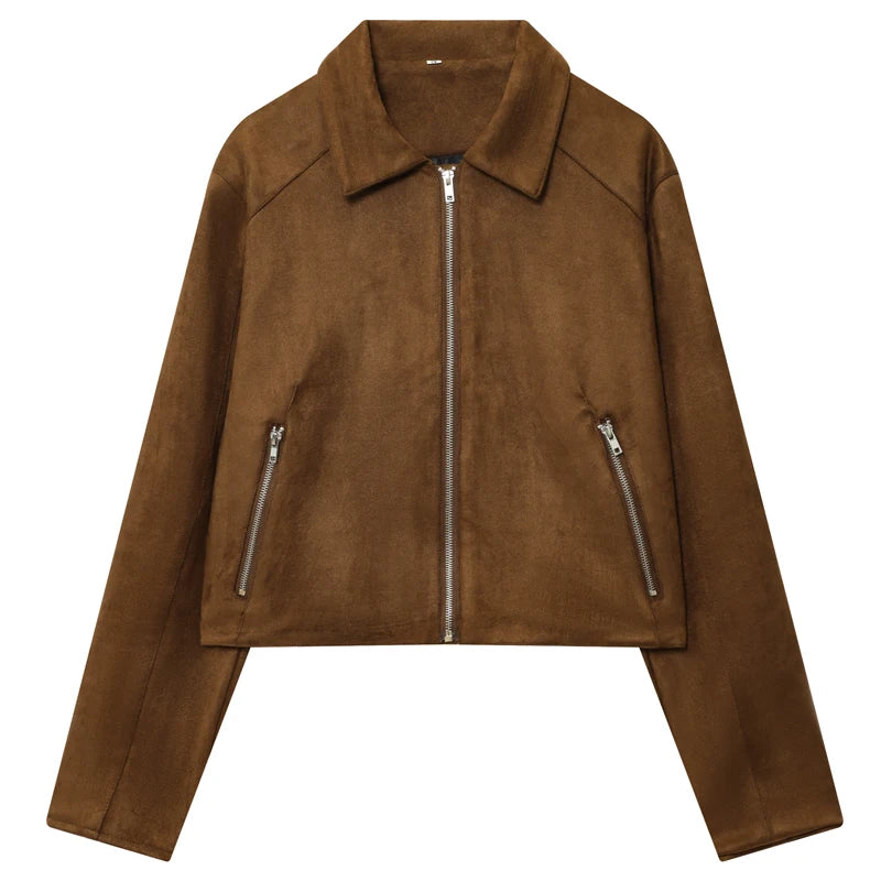 MOVEWEAR Brown Suede Crop Bomber Jacket for Women
