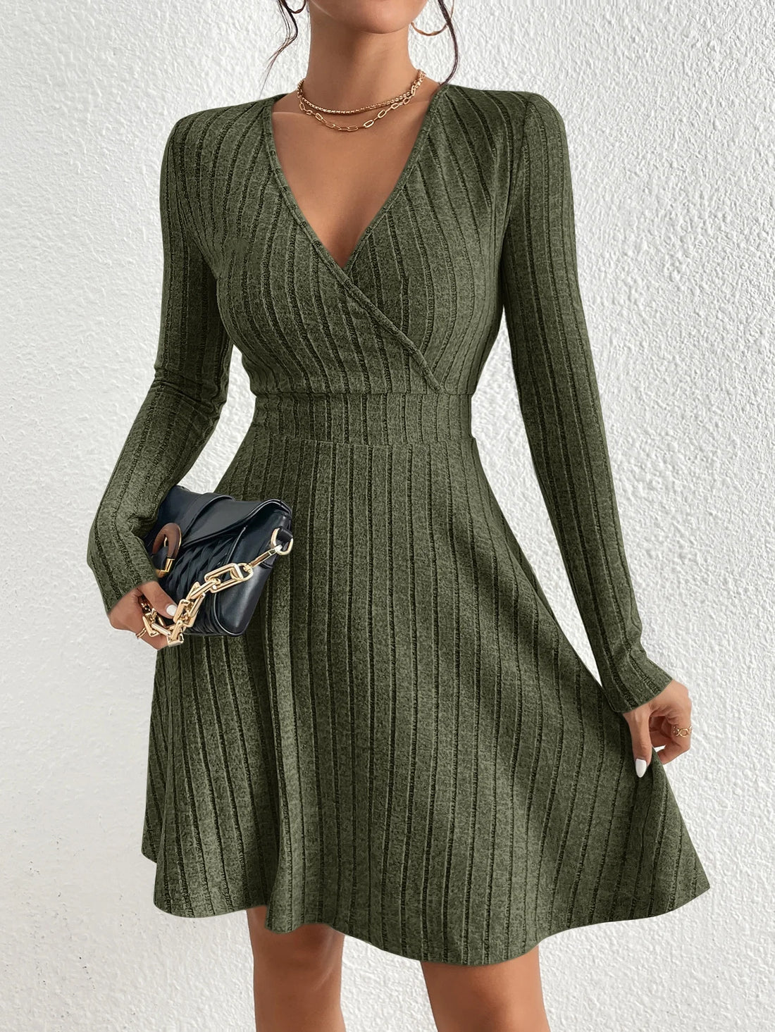 MOVEWEAR Women’s Slim Fit V - Neck Long Sleeve Knit Midi Dress - MOVEWEAR