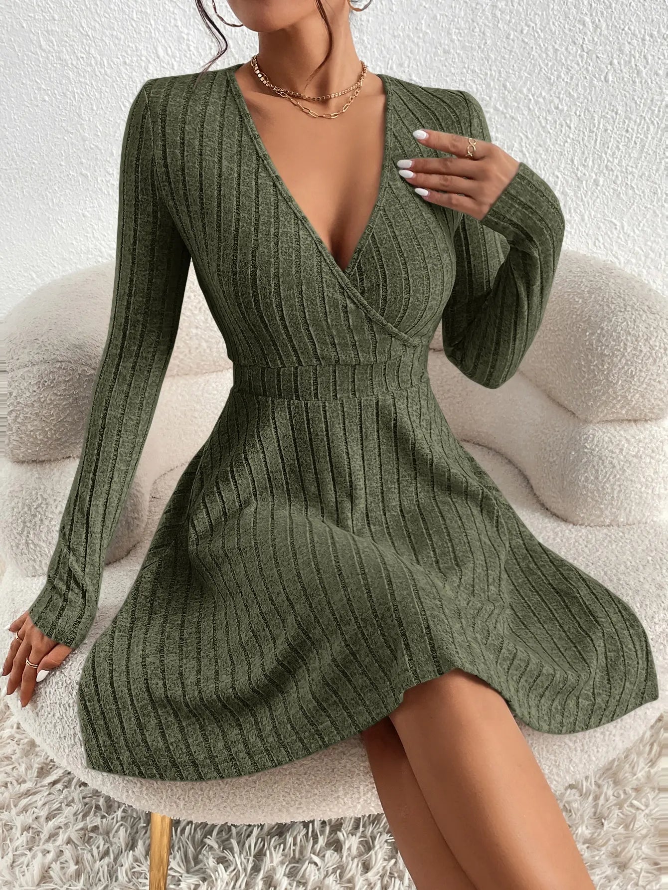 MOVEWEAR Women’s Slim Fit V - Neck Long Sleeve Knit Midi Dress - MOVEWEAR