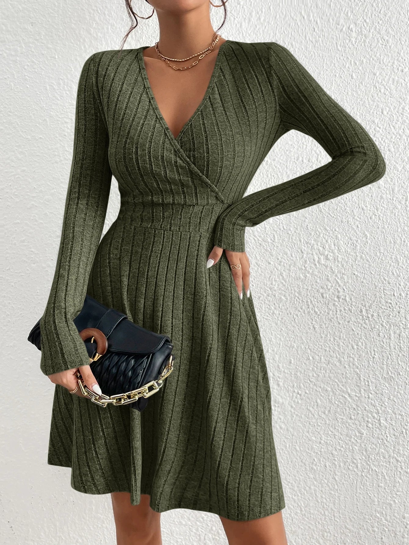 MOVEWEAR Women’s Slim Fit V - Neck Long Sleeve Knit Midi Dress - MOVEWEAR