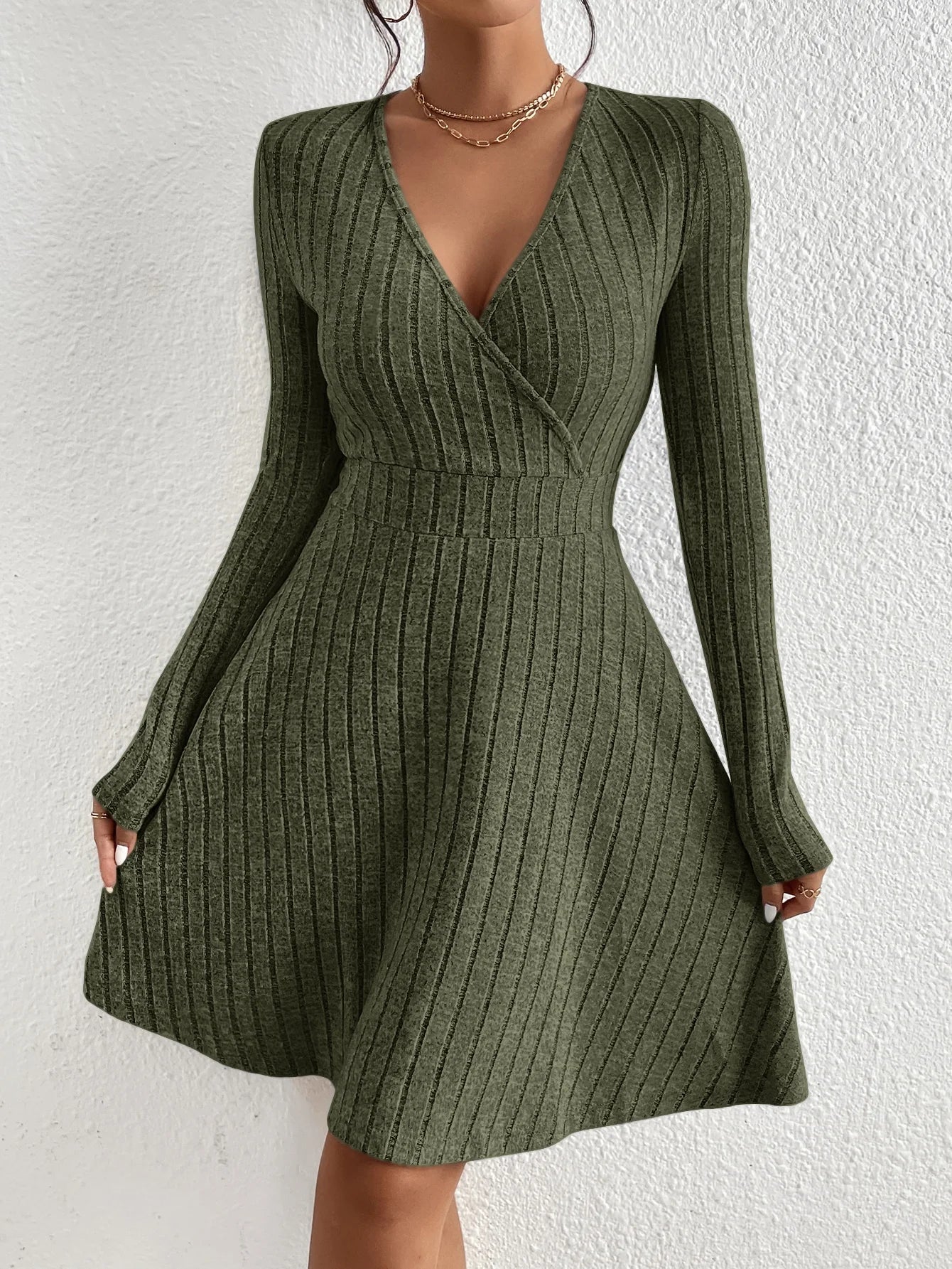 MOVEWEAR Women’s Slim Fit V - Neck Long Sleeve Knit Midi Dress - MOVEWEAR