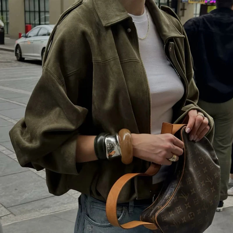 MOVEWEAR Suede Zipper Bomber Jacket for Women