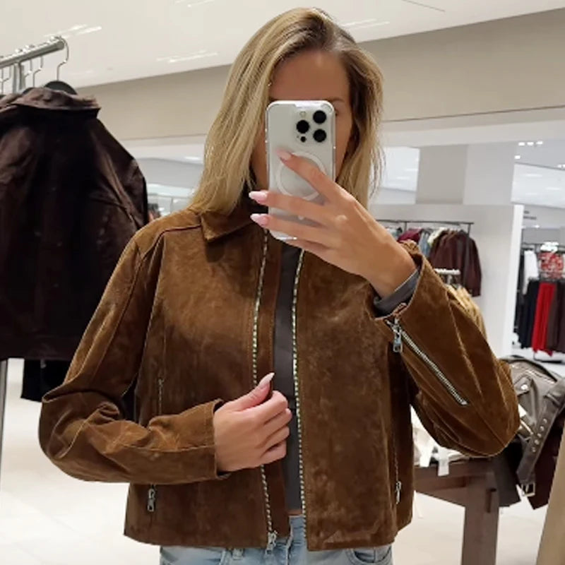 MOVEWEAR Brown Suede Crop Bomber Jacket for Women