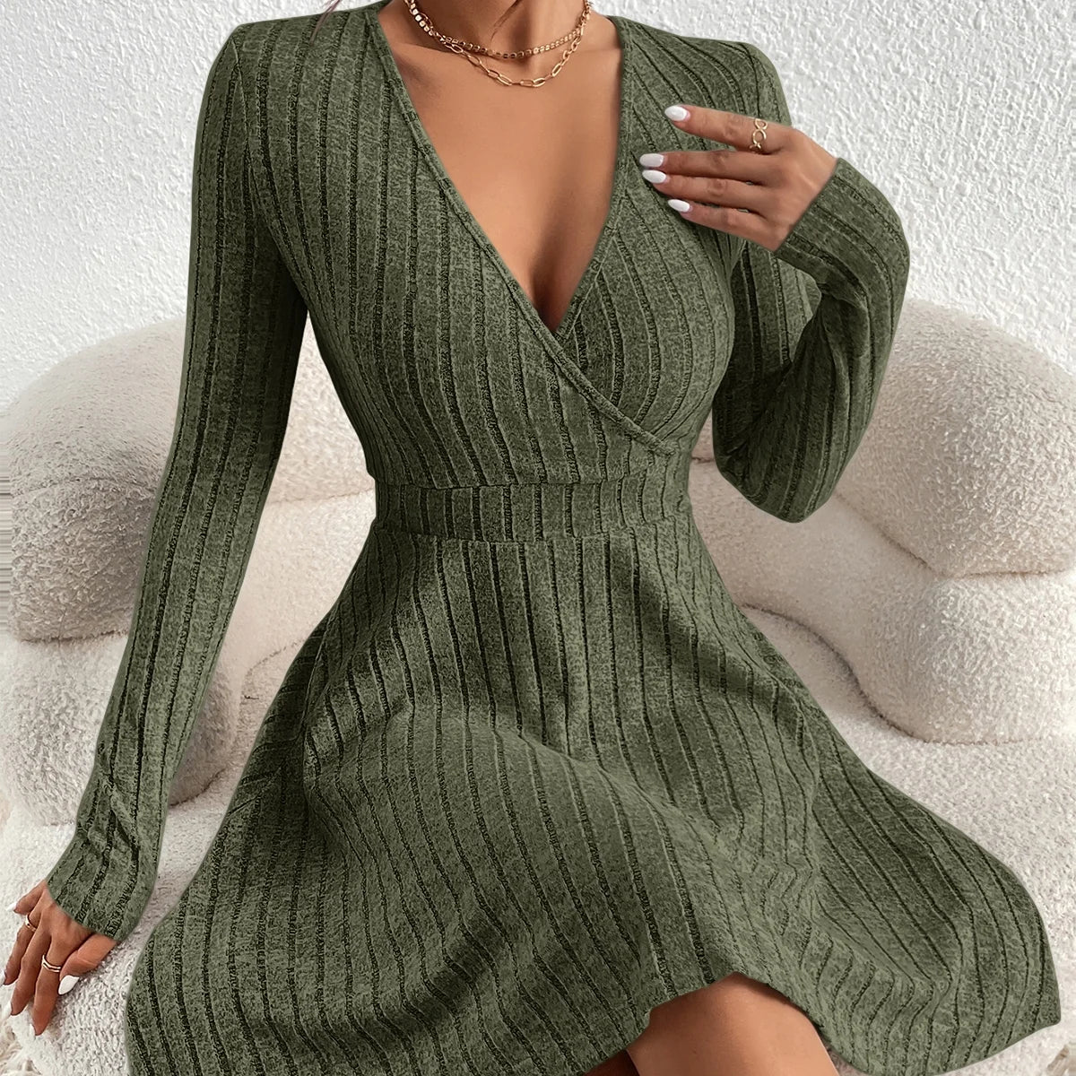 MOVEWEAR Women’s Slim Fit V - Neck Long Sleeve Knit Midi Dress - MOVEWEAR