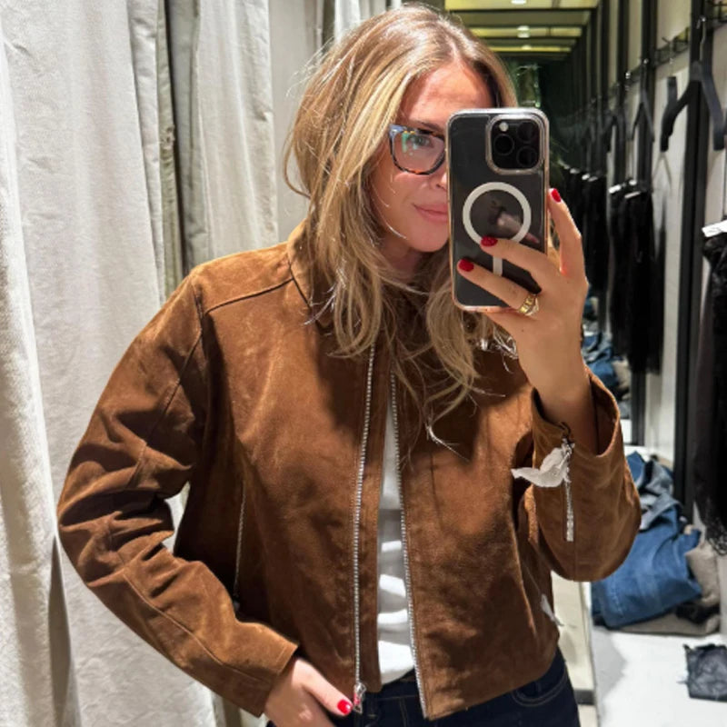 MOVEWEAR Brown Suede Crop Bomber Jacket for Women