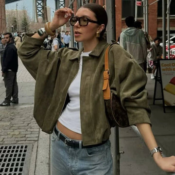 MOVEWEAR Suede Zipper Bomber Jacket for Women - MOVEWEAR