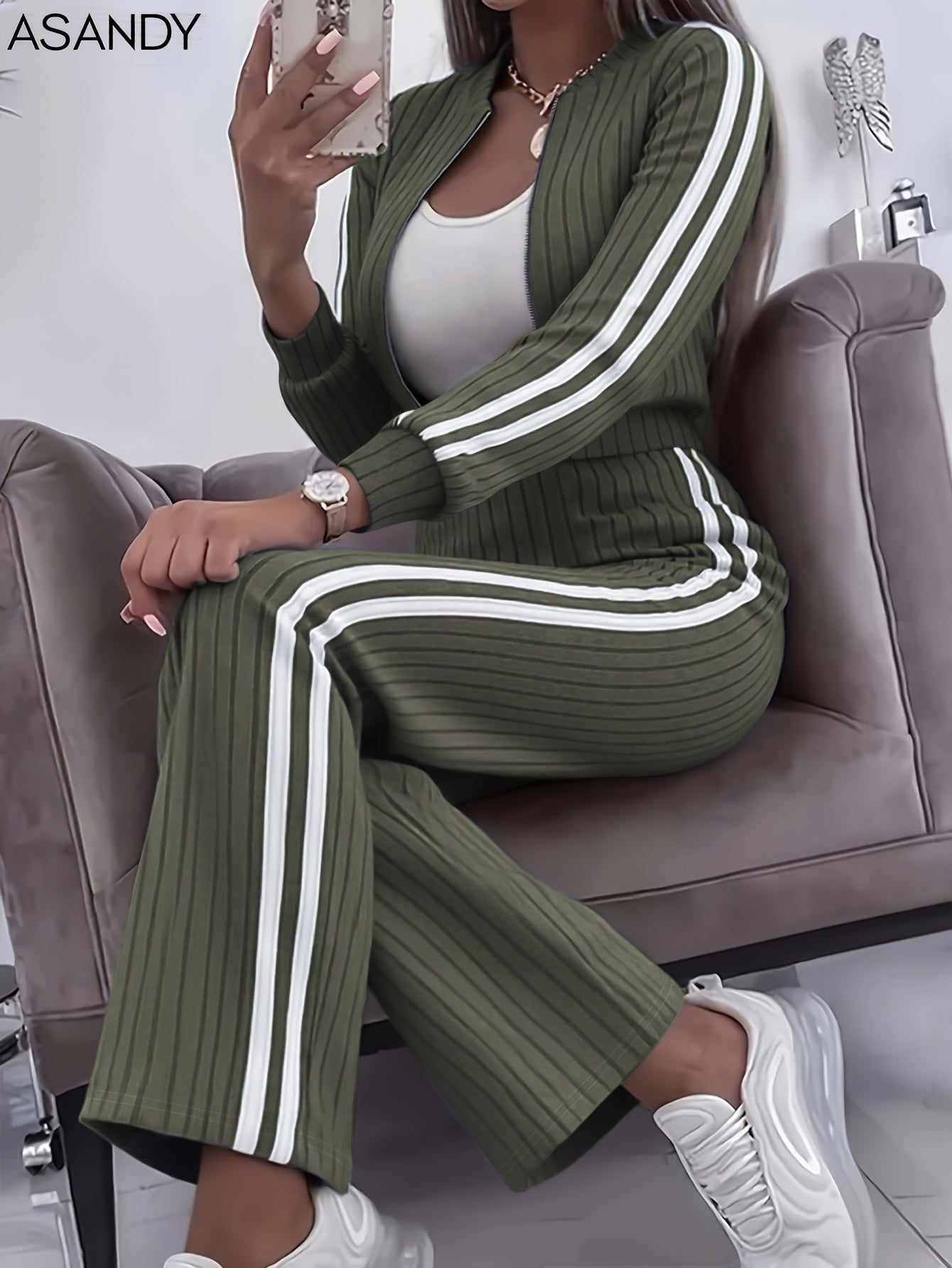 MOVEWEAR Women’s Stylish Casual Two-Piece Zip Cardigan Set